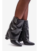 Ocieplane Botki Z Wywiniętą Cholewką Na Słupku Czarne Tamalis