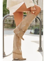 Kozaki Damskie Wsuwane Na Słupku Z Ozdobnym Paskiem Beżowe Jolivine