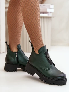 Zazoo 60451 Damskie Skórzane Botki Z Ozdobą Ciemnozielone