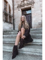 Dámské kotníkové boty na podpatku s třásněmi a zlatými přezkami čokoládové Evelisse