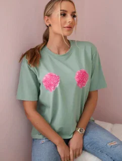 Bavlnená blúzka s kvetinovou potlačou tmavá mäta