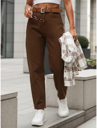 Dámske nohavice s vysokým pásom a opaskom hnedé FashionStreet UY2920