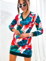 Zeleno-červené velúrové šaty so vzorom listov (8268) Zeleno-červené velúrové šaty so vzorom listov (8268)