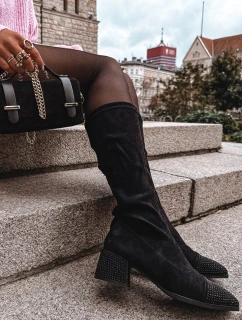 Kozaki Damskie Ze Zdobieniem Na Klocku Eko Zamszowe Czarne Ivanna