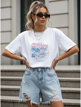 Dámske tričko oversize s letným potlačou, biele, FashionStreet NX9005RY Dámske tričko oversize s letným potlačou, biele, FashionStreet NX9005RY