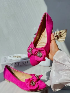 Damskie Eko Zamszowe Baleriny Z Kokardą I Broszką Fuksja Satris