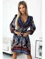 516-1 Šifónové šaty s výstrihom a dlhými rukávmi - indický vzor 516-1 Šifónové šaty s výstrihom a dlhými rukávmi - indický vzor