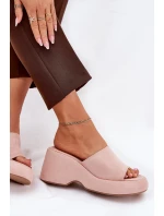 Eko Zamszowe Klapki Damskie Na Platformie I Koturnie Różowe Afisal
