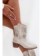 Zamszowe Skórzane Botki Damskie Ażurowe Na Obcasie Zazoo 3844 Złoty Przecierany