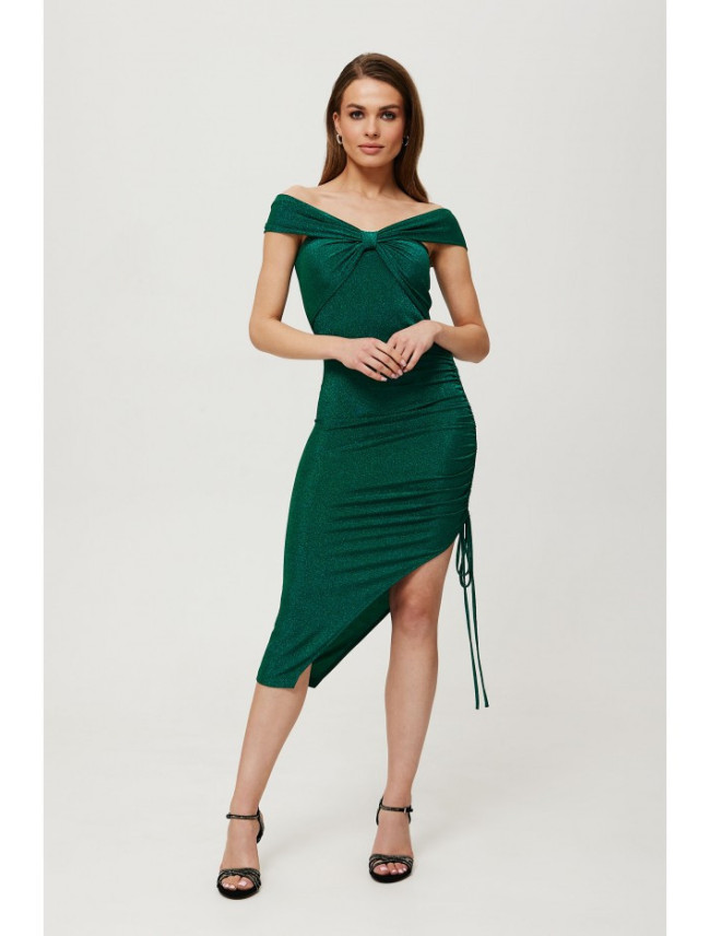 K187 Kovové pletené asymetrické šaty s bočným rozparkom - smaragdové