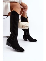 Zazoo 2909 Zamszowe Kozaki Ażurowe Na Niskim Obcasie Czarne