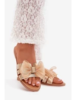 Klapki Damskie Na Płaskim Obcasie Z Tiulową Kokardą Złote Tanira