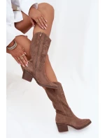 Ażurowe Kozaki Kowbojki Damskie Na Obcasie Ciemnobeżowe Olivette