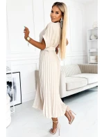 471-1 FELICIA Plisované midi šaty s výstrihom a širokým opaskom - BEACH 471-1 FELICIA Plisované midi šaty s výstrihom a širokým opaskom - BEACH