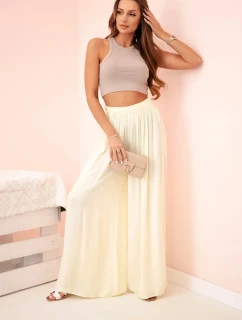 Dámske široké viskózové nohavice s elastickým pásom žlté