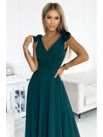 405-4 ELENA Dlhé šaty s výstrihom a viazaním na ramenách - BOTTLE GREEN