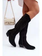 Zazoo 2909 Zamszowe Kozaki Ażurowe Na Niskim Obcasie Czarne