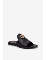 Eleganckie Skórzane Klapki Damskie Z Ozdobą Zazoo 3008 Czarne