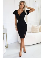 479-9 NINA elegantné šaty s obálkovým výstrihom, rukávmi a opaskom - ČIERNE