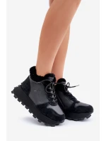 Skórzane Sneakersy Trapery Damskie Z Futerkiem Na Platformie Big Star OO274A329 Czarne
