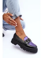 Półbuty Loafersy Damskie Skórzane Na Płaskim Obcasie Czarno-Fioletowe Elkiza