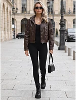 Dámska kožená bunda s kapucou, hnedá, FashionStreet TY5877 Dámska kožená bunda s kapucou, hnedá, FashionStreet TY5877