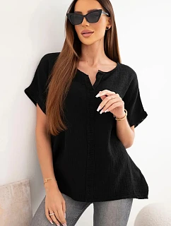 Dámska bavlnená mušelínová blúzka oversize s výstrihom do V a čipkou čierna