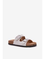 Materiałowe Klapki Na Korkowej Podeszwie Z Klamrami Jasnoszare Atera