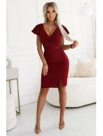 479-7 NINA elegantné šaty s obálkovým výstrihom, rukávmi a opaskom - Bordeaux