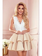 ZLATA - Béžové dámske dvojfarebné šaty s čipkovým výstrihom a penou 368-2