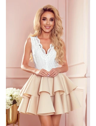 ZLATA - Béžové dámske dvojfarebné šaty s čipkovým výstrihom a penou 368-2