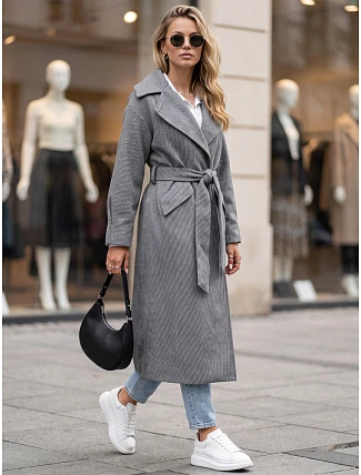 Dlhý dámsky kabát s opaskom na prechodné obdobie, tmavošedý, FashionStreet NY0773 Dlhý dámsky kabát s opaskom na prechodné obdobie, tmavošedý, FashionStreet NY0773