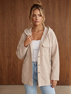 Dámska oversize manšestrová bunda s kapucňou, béžová, FashionStreet TY6051