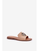 Skórzane Klapki Z Ozdobą Na Płaskim Obcasie Lewski 3047/O Beżowe