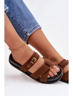 Dámské pantofle s pásky a zlatým sponou Hnědé Selorina