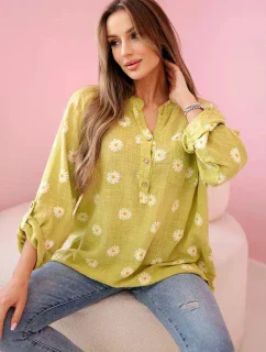Dámska ľanová blúzka s kvetinovým vzorom, dlhými rukávmi a gombíkmi kiwi