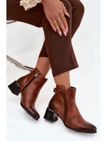 Skórzane Botki Damskie Na Obcasie Ocieplane Zazoo 60563 Brązowe