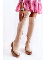 Zamszowe Damskie Kozaki Za Kolano Jasnobeżowe Cheera