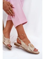 Skórzane Sandały Z Ozdobą Na Płaskim Obcasie S.Barski KV51-096 Złote