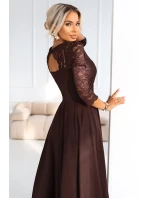 309-14 AMBER elegantné dlhé čipkované šaty s výstrihom - čokoládové
