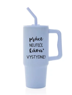 PRÁCE NEUTEČE, KÁVA VYSTYDNE! - světle modrý cestovní termohrnek 900 ml