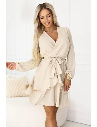 671-1 Zmyselné mini šaty s obálkovým výstrihom - béžové