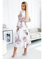 436-2 VALENTINA Midi šaty s výstrihom a opaskom - BIELE S RUŽOVOU 436-2 VALENTINA Midi šaty s výstrihom a opaskom - BIELE S RUŽOVOU