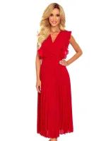 EMILY - Červené dámske plisované šaty s volánikmi a výstrihom 315-3