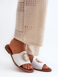 Zazoo 2938 Skórzane Klapki Na Płaskim Obcasie Z Ozdobą Białe