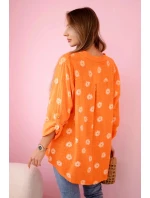 Dámska ľanová blúzka s kvetinovým vzorom, dlhými rukávmi a gombíkmi Oranžová