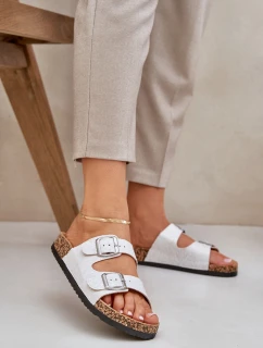 Materiałowe Klapki Na Korkowej Podeszwie Z Klamrami Jasnoszare Atera