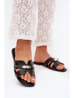 Płaskie Klapki Damskie Z Paseczkiem I Złotym Detalem Czarne Kerenza