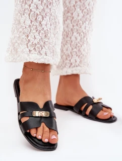 Płaskie Klapki Damskie Z Paseczkiem I Złotym Detalem Czarne Kerenza