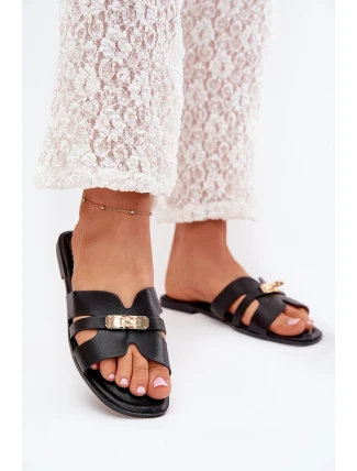 Płaskie Klapki Damskie Z Paseczkiem I Złotym Detalem Czarne Kerenza